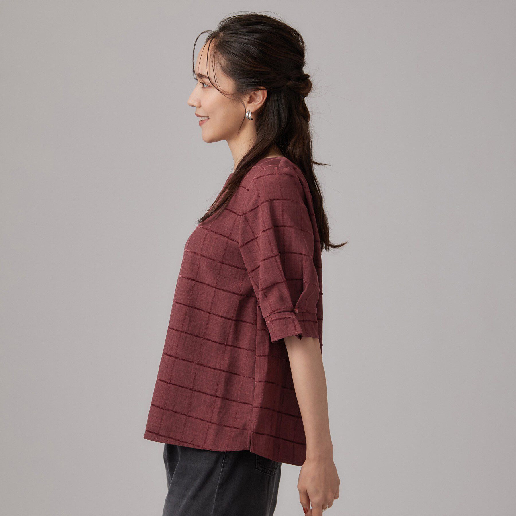 SHOO･LA･RUE「【セットアップ可/S-LL】モールチェックで上品に タックスリーブ ブラウス」|シャツ・ブラウス|