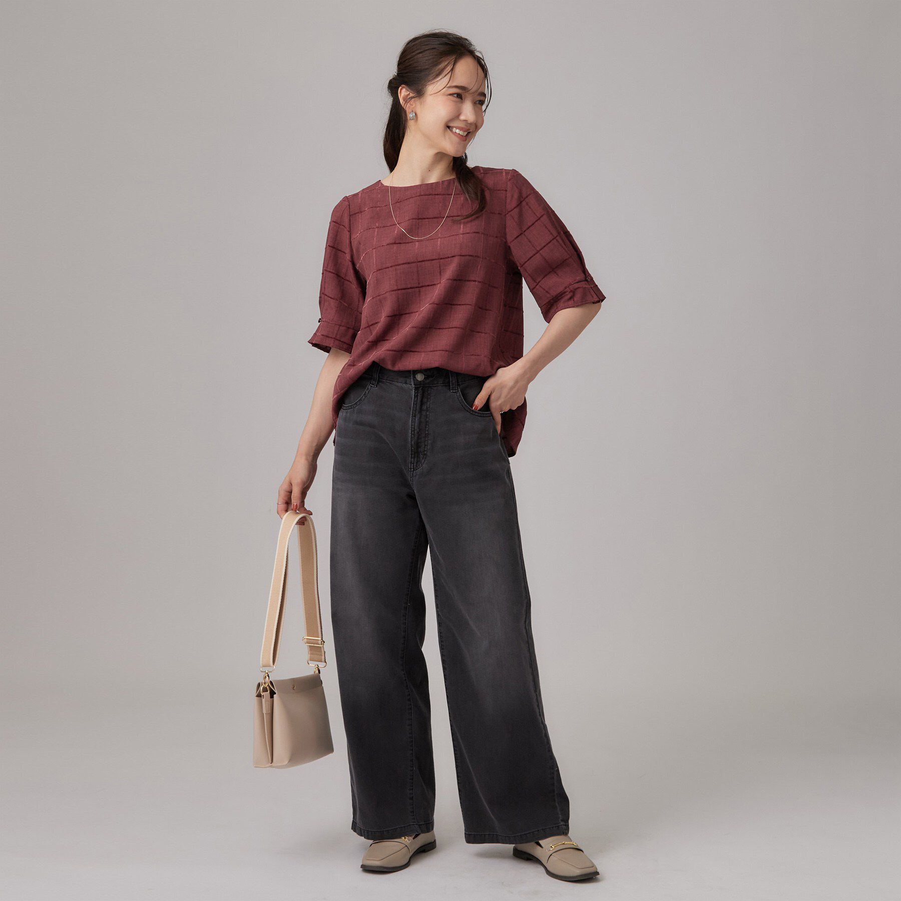 SHOO･LA･RUE「【セットアップ可/S-LL】モールチェックで上品に タックスリーブ ブラウス」|シャツ・ブラウス|
