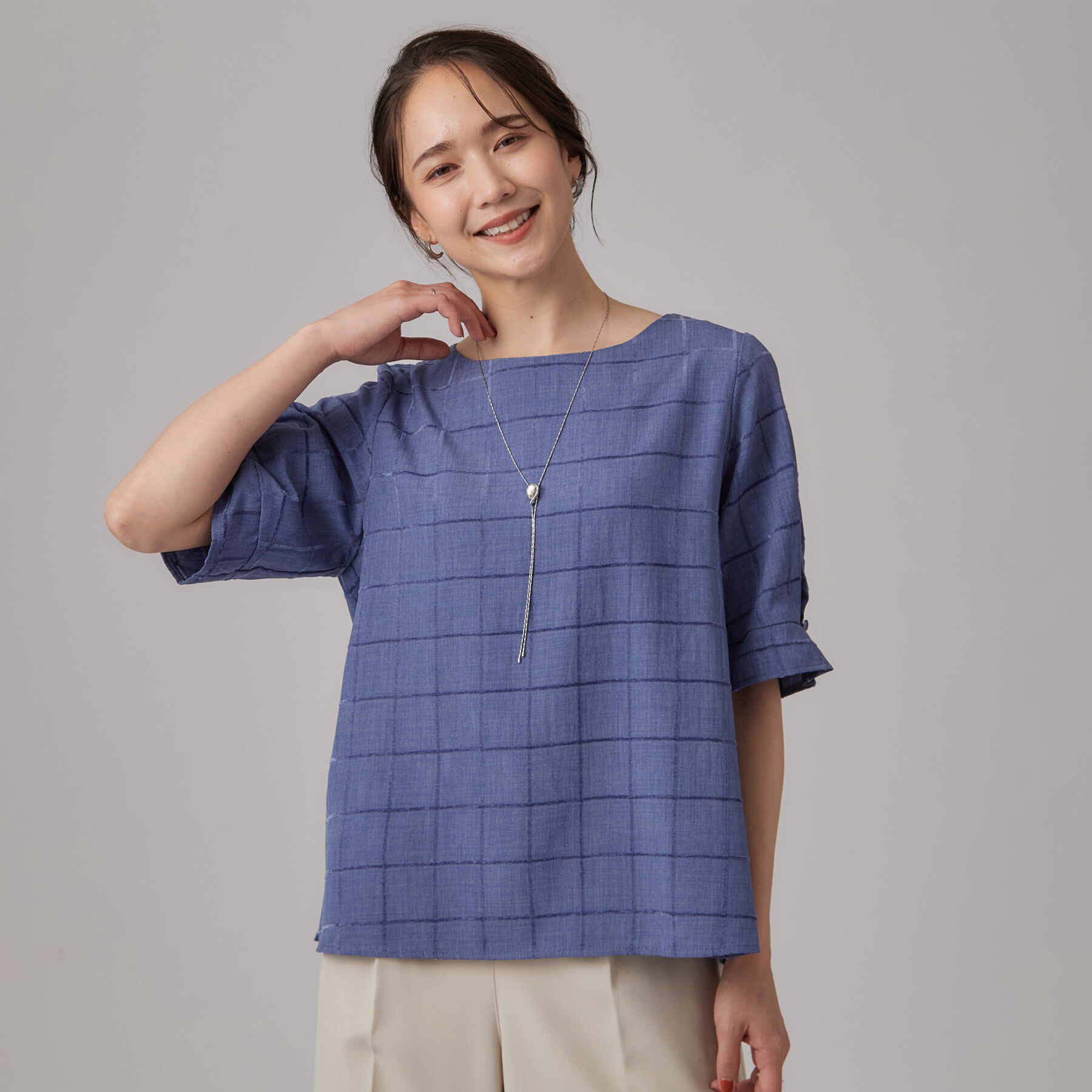 SHOO･LA･RUE「【セットアップ可/S-LL】モールチェックで上品に タックスリーブ ブラウス」|シャツ・ブラウス|