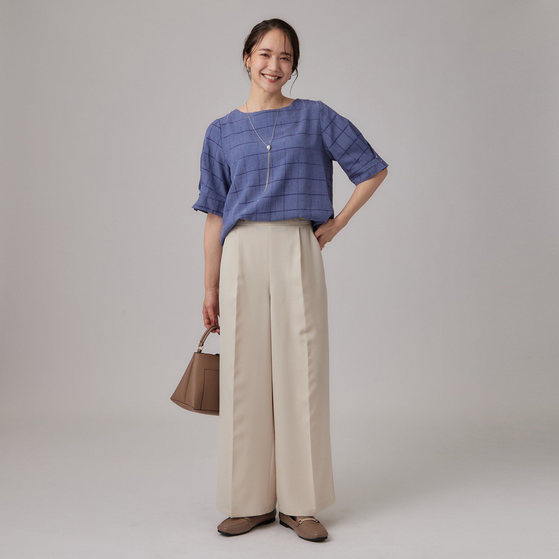 SHOO･LA･RUE「【セットアップ可/S-LL】モールチェックで上品に タックスリーブ ブラウス」|シャツ・ブラウス|