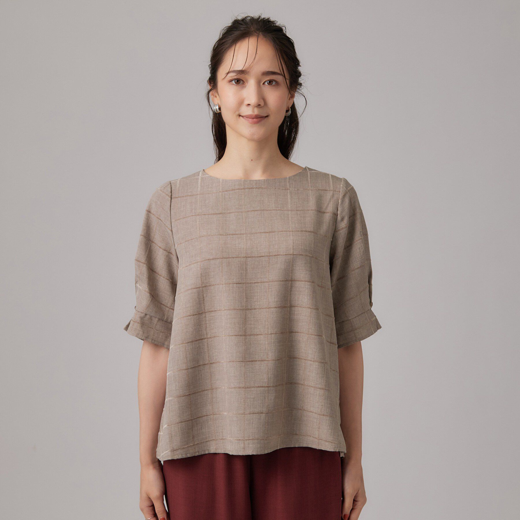 SHOO･LA･RUE「【セットアップ可/S-LL】モールチェックで上品に タックスリーブ ブラウス」|シャツ・ブラウス|