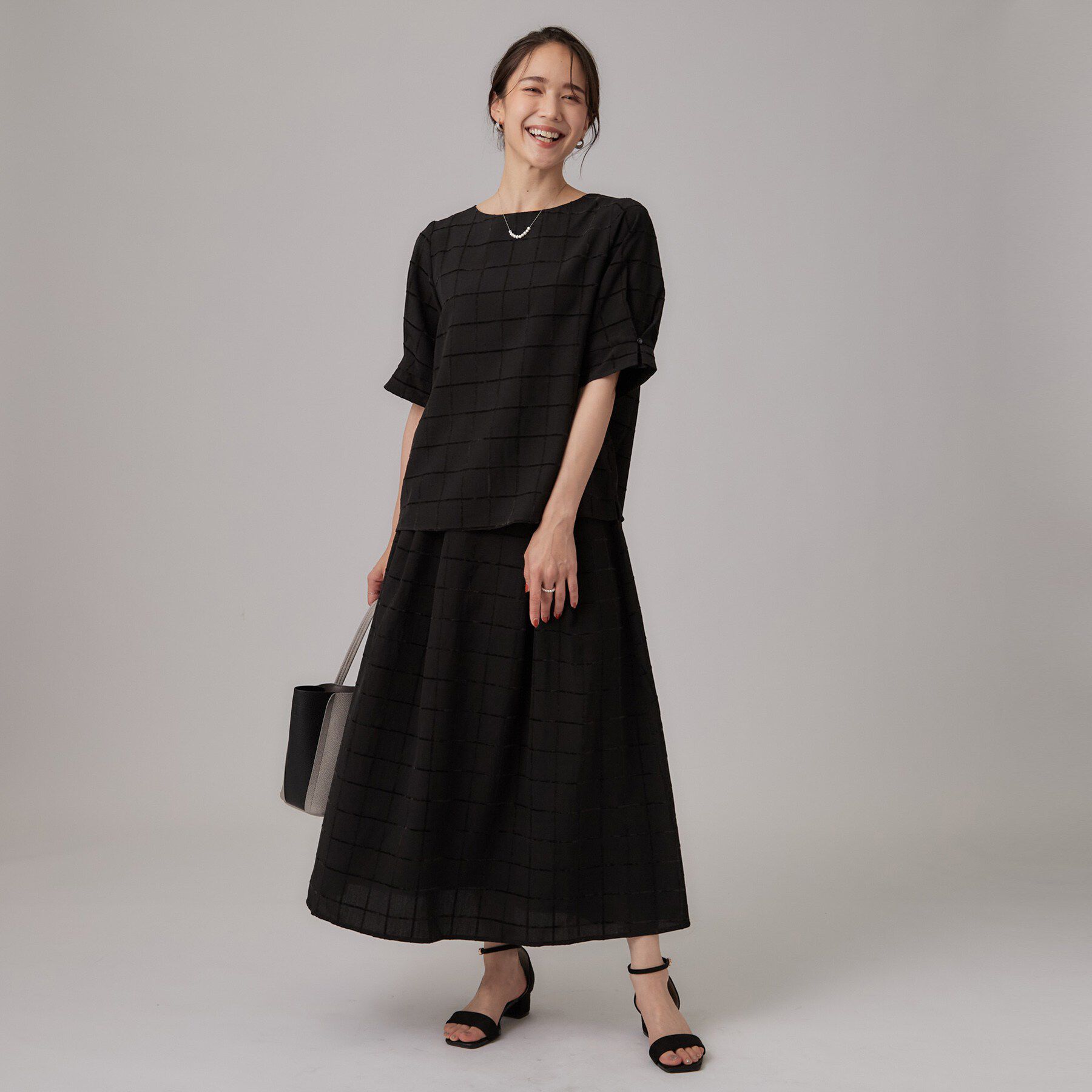 SHOO･LA･RUE「【セットアップ可/S-LL】モールチェックで上品に タックスリーブ ブラウス」|シャツ・ブラウス|