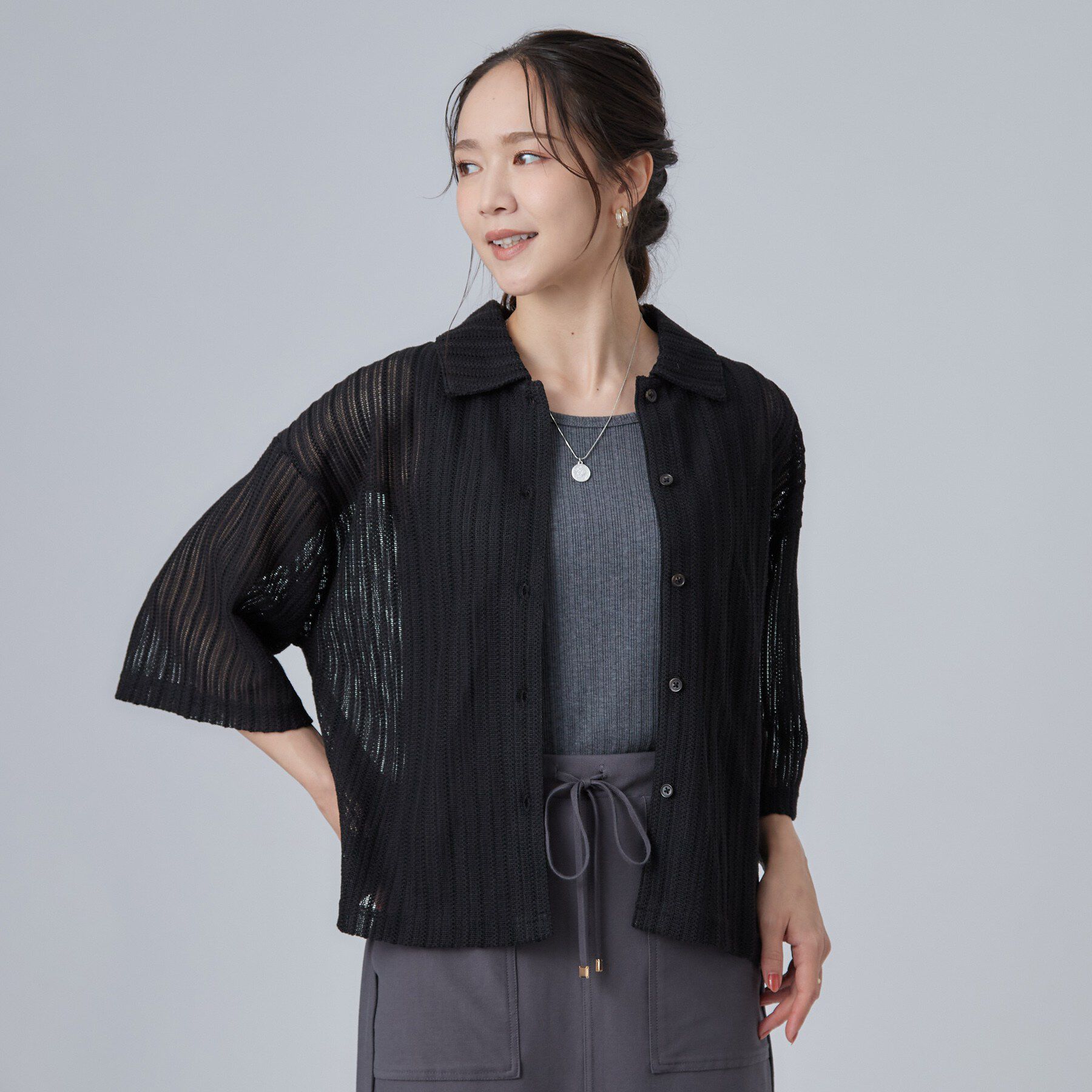 SHOO･LA･RUE「【洗濯機可/S-LL】軽やかで涼しげな 透かしレース風前開きシャツ」|シャツ・ブラウス|