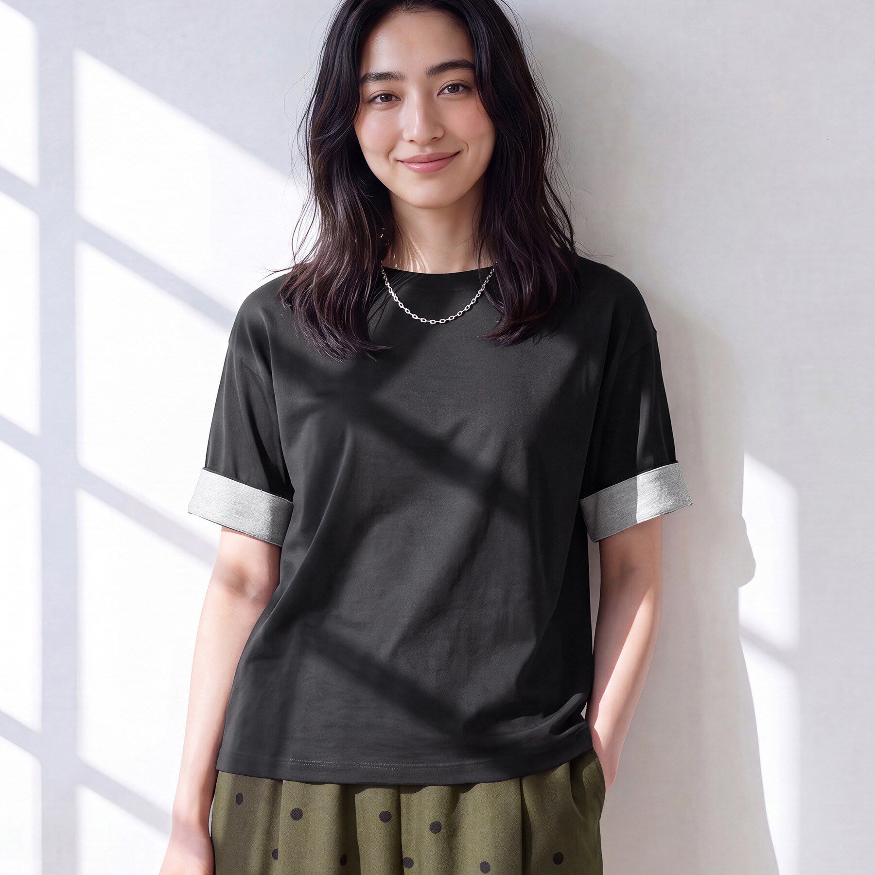 Dessin「【汗シミ防止/UVカット】配色スリーブ 五分袖プルオーバー」|Tシャツ・カットソー|