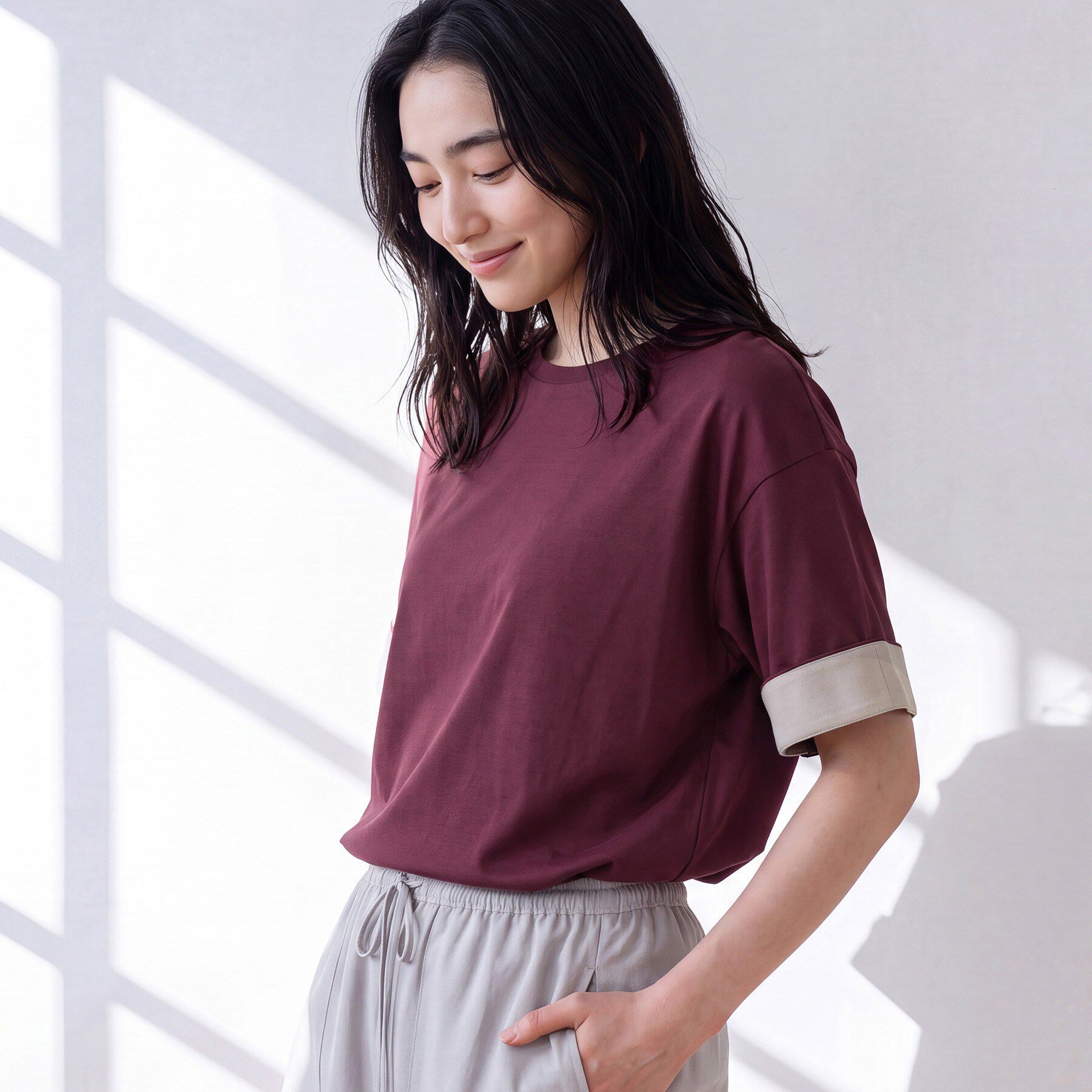 Dessin「【汗シミ防止/UVカット】配色スリーブ 五分袖プルオーバー」|Tシャツ・カットソー|