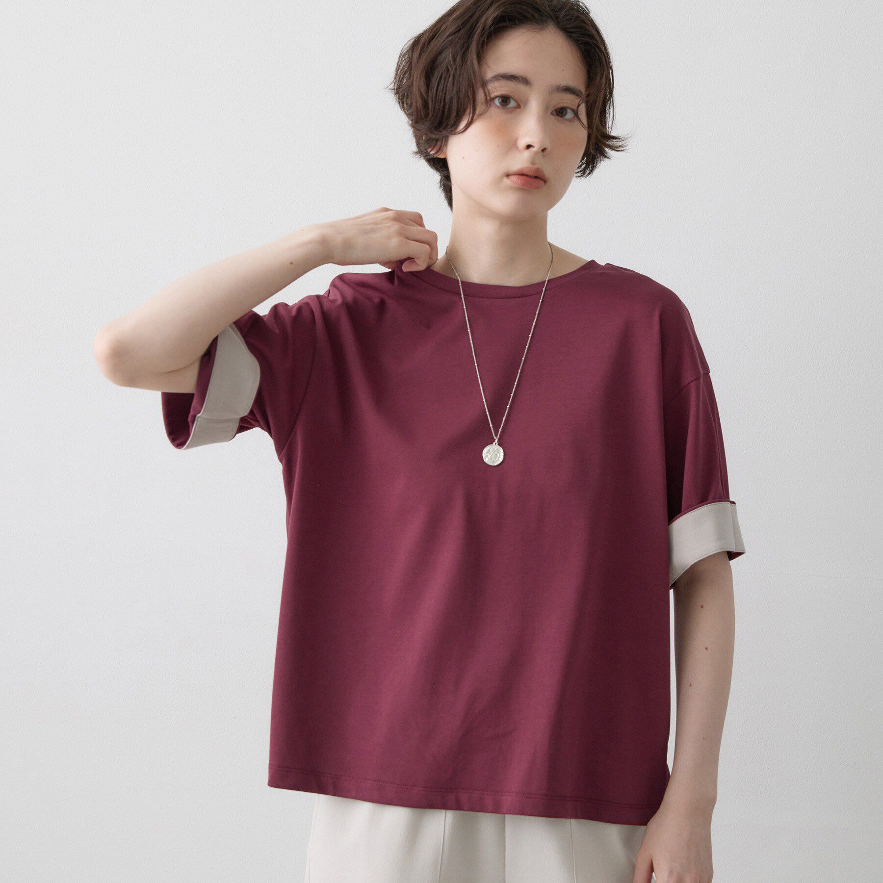 Dessin「【汗シミ防止/UVカット】配色スリーブ 五分袖プルオーバー」|Tシャツ・カットソー|