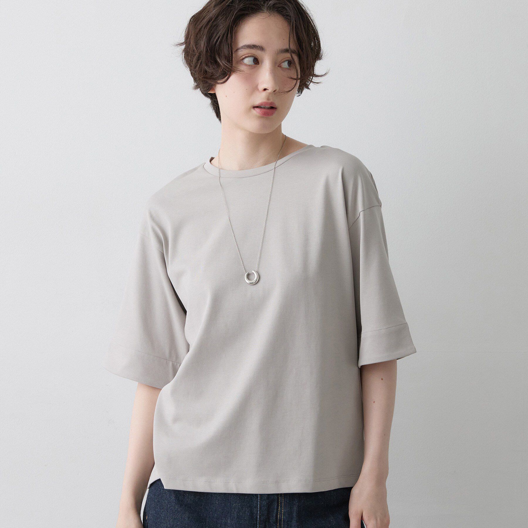 Dessin「【汗シミ防止/UVカット】配色スリーブ 五分袖プルオーバー」|Tシャツ・カットソー|