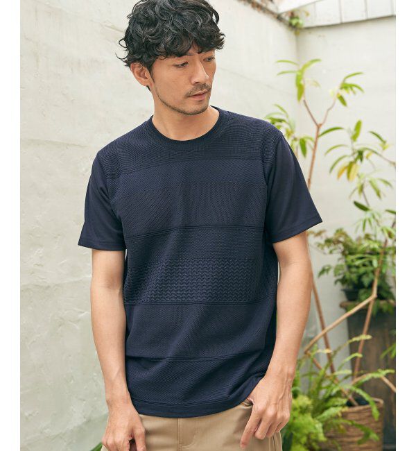 ikka「ニットコンビポンチTシャツ」|Tシャツ・カットソー|ネイビー
