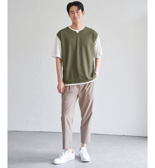 ikka「【接触冷感／吸水速乾】ヘリンボンキーネックフェイクベストTシャツ【親子おそろい】」|Tシャツ・カットソー|