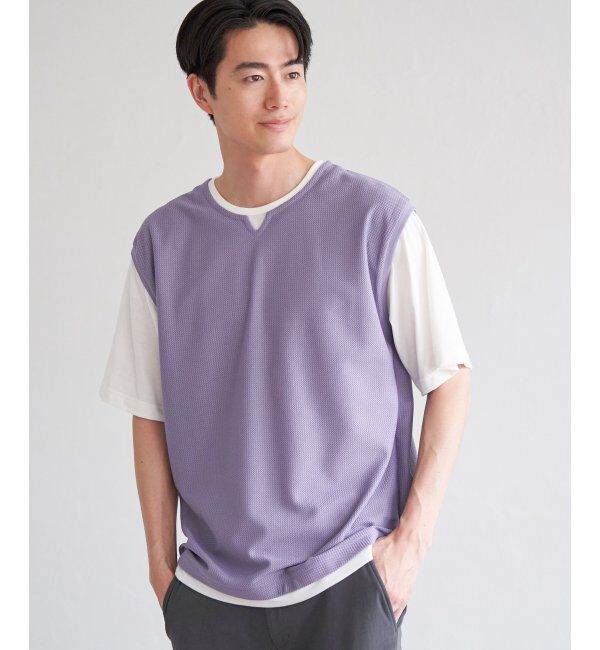 ikka「【接触冷感／吸水速乾】ヘリンボンキーネックフェイクベストTシャツ【親子おそろい】」|Tシャツ・カットソー|