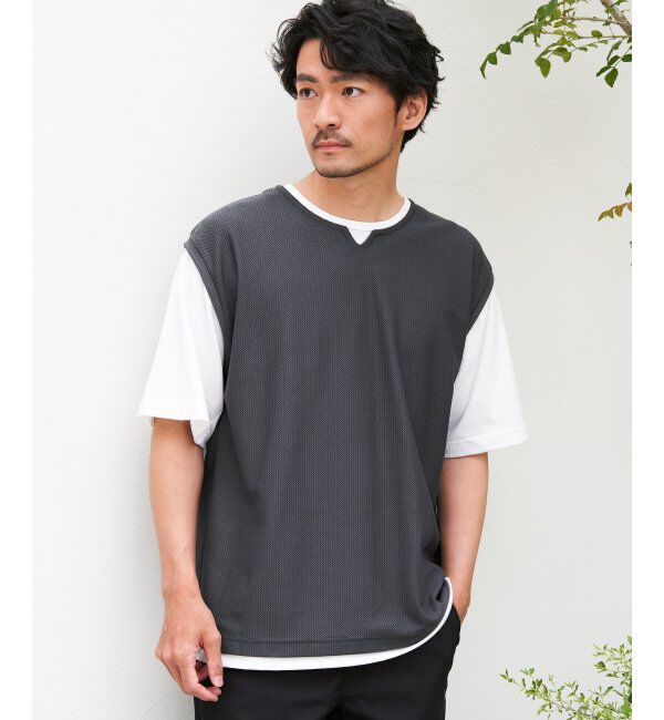 ikka「【接触冷感／吸水速乾】ヘリンボンキーネックフェイクベストTシャツ【親子おそろい】」|Tシャツ・カットソー|