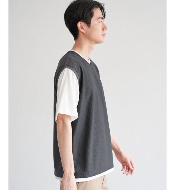 ikka「【接触冷感／吸水速乾】ヘリンボンキーネックフェイクベストTシャツ【親子おそろい】」|Tシャツ・カットソー|