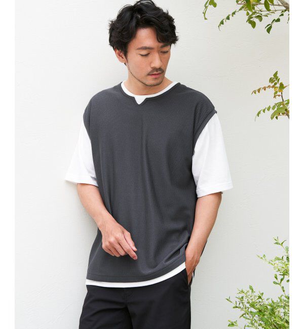 ikka「【接触冷感／吸水速乾】ヘリンボンキーネックフェイクベストTシャツ【親子おそろい】」|Tシャツ・カットソー|