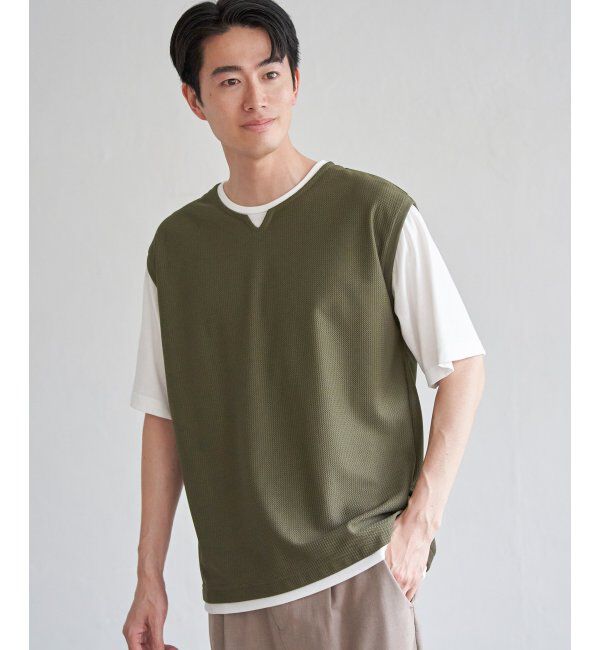 ikka「【接触冷感／吸水速乾】ヘリンボンキーネックフェイクベストTシャツ【親子おそろい】」|Tシャツ・カットソー|カーキ