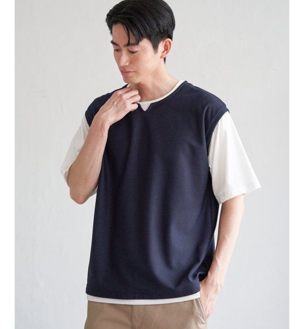 ikka「【接触冷感／吸水速乾】ヘリンボンキーネックフェイクベストTシャツ【親子おそろい】」|Tシャツ・カットソー|ネイビーブルー