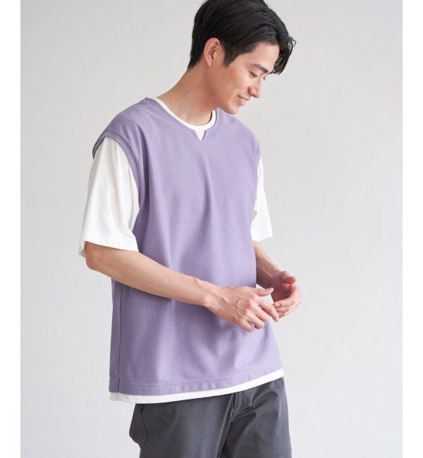 ikka「【接触冷感／吸水速乾】ヘリンボンキーネックフェイクベストTシャツ【親子おそろい】」|Tシャツ・カットソー|