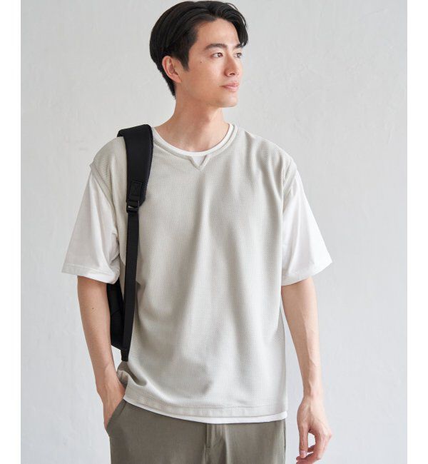 ikka「【接触冷感／吸水速乾】ヘリンボンキーネックフェイクベストTシャツ【親子おそろい】」|Tシャツ・カットソー|グレージュ
