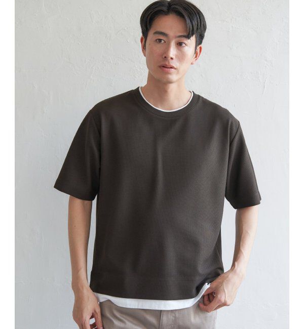 ikka「【吸水速乾】ドライ鹿の子レイヤードTシャツ5分袖」|Tシャツ・カットソー|チャコール