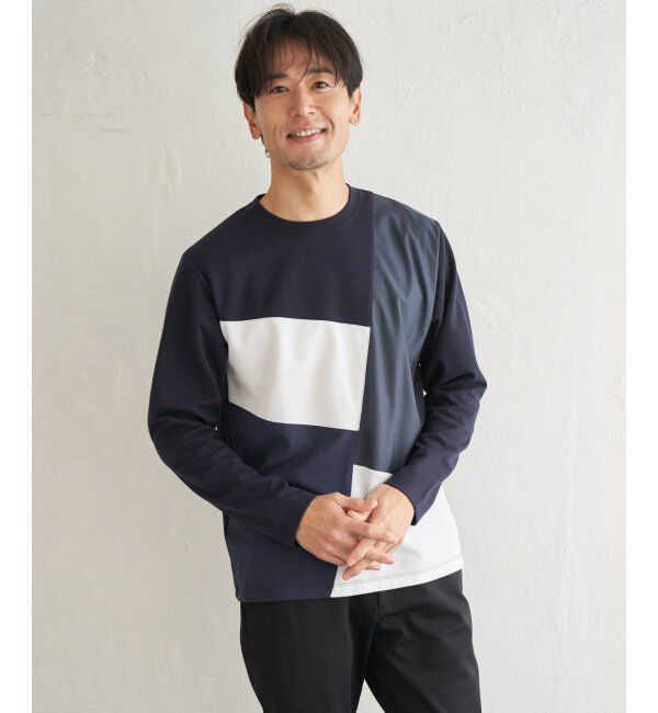 ikka「ブロックスポンチ切り替えロンT」|Tシャツ・カットソー|ネイビーブルー