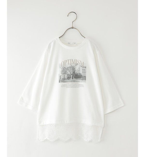 ikka kids「【親子コーデ】ロゴフォト裾レース七分袖Tシャツ（120~160cm）」|Tシャツ・カットソー|オフホワイト