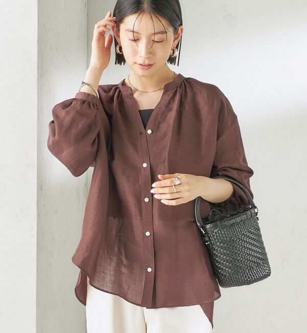 SHIPS for women「【実力派ベーシック】〈手洗い可能〉IMPERIAL LINEN 混 バンドカラー スキッパー シャツ」|シャツ・ブラウス|ブラウン