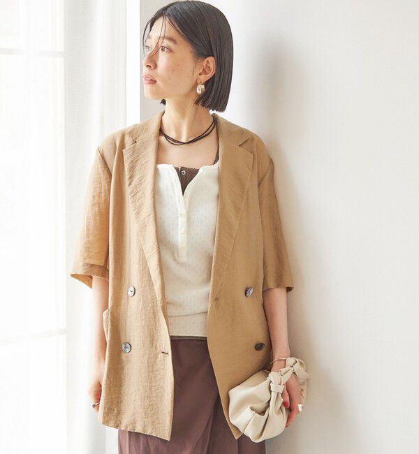 SHIPS for women「【実力派ベーシック】〈手洗い可能〉シルク混 シアー 羽織 半袖 ジャケット」|テーラードジャケット|ライトカーキ