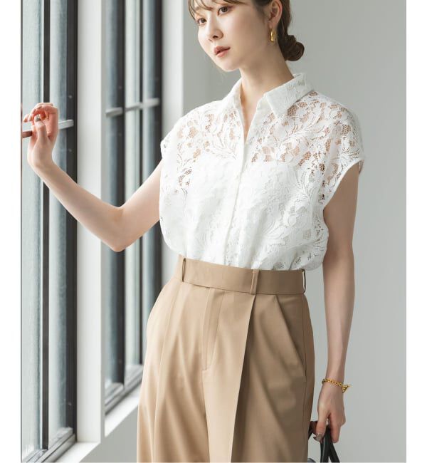 NOBLE「《追加》【洗える】ボタニカルレースフレンチスリーブブラウス」|シャツ・ブラウス|