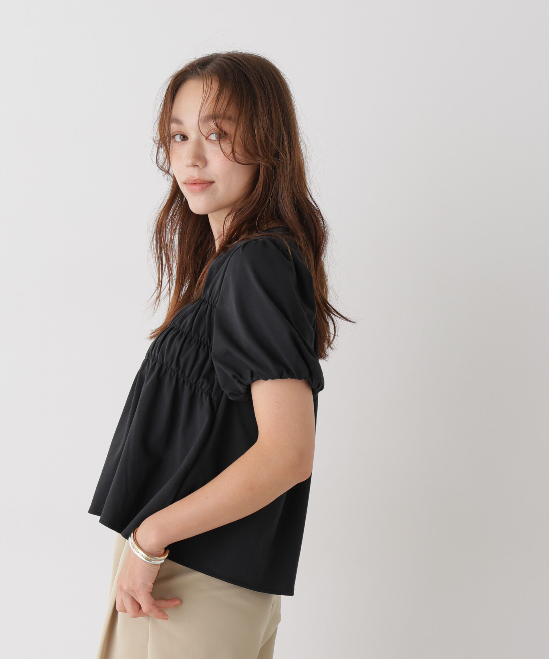 NANO universe「フロントシャーリングカットトップス」|Tシャツ・カットソー|