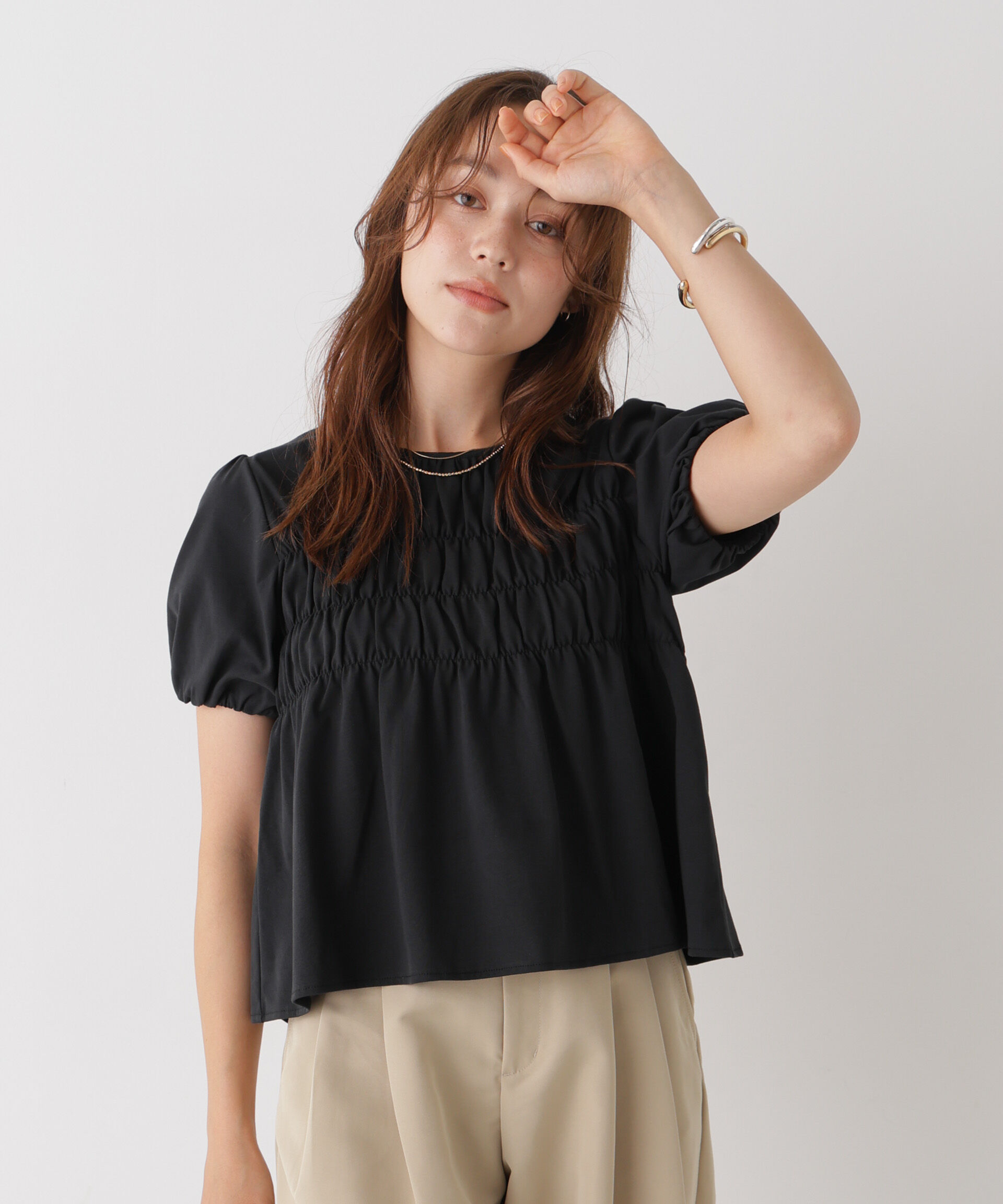 NANO universe「フロントシャーリングカットトップス」|Tシャツ・カットソー|