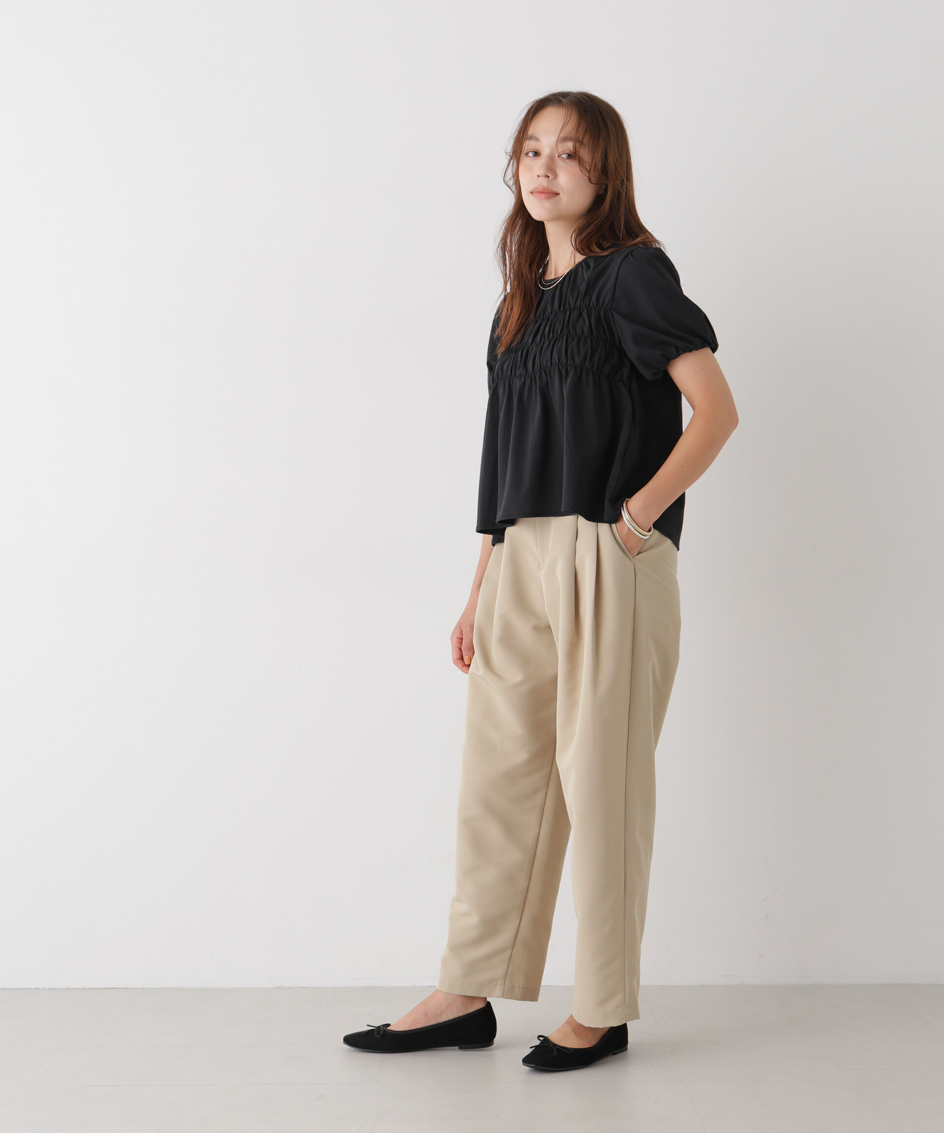 NANO universe「フロントシャーリングカットトップス」|Tシャツ・カットソー|
