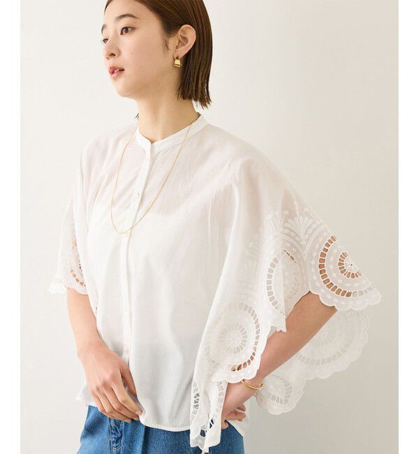 ROPE「INDIAコットンボイルシフリー刺繍ケープ(ポンチョ)ブラウス/セットアップ対応・イージーケア」|シャツ・ブラウス|ホワイト(10)
