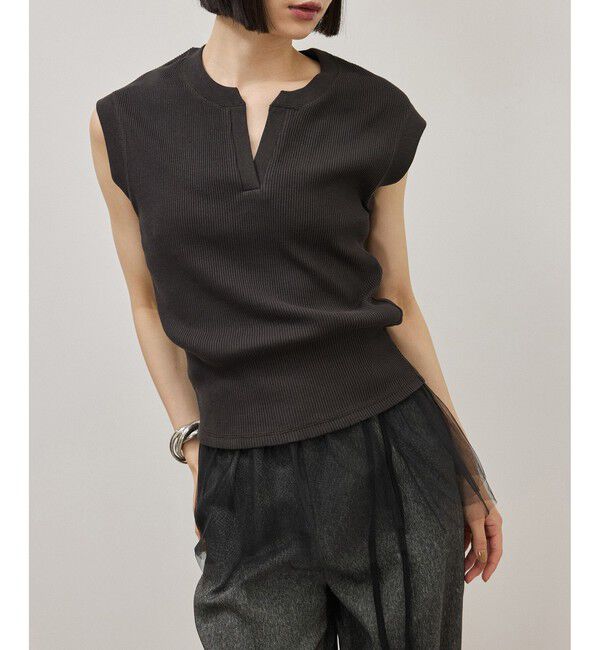ADAM ET ROPE'「チュールベルト付キーネックトップス」|Tシャツ・カットソー|チャコール(06)
