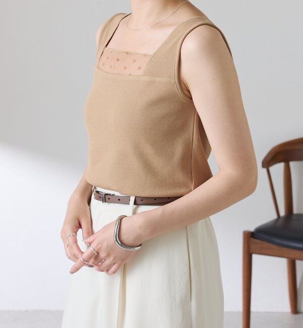  「【万能インナー】 シアー切り替えスクエアタンクトップ」|Tシャツ・カットソー|