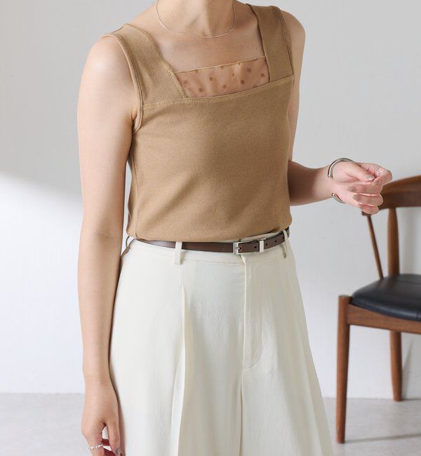  「【万能インナー】 シアー切り替えスクエアタンクトップ」|Tシャツ・カットソー|