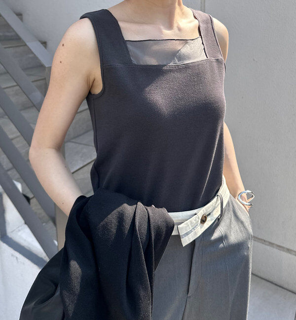  「【万能インナー】 シアー切り替えスクエアタンクトップ」|Tシャツ・カットソー|