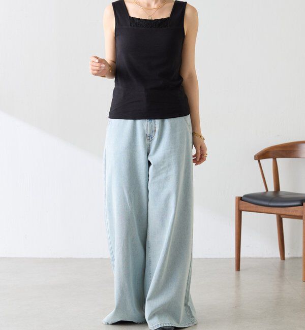  「【万能インナー】 シアー切り替えスクエアタンクトップ」|Tシャツ・カットソー|