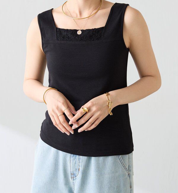  「【万能インナー】 シアー切り替えスクエアタンクトップ」|Tシャツ・カットソー|