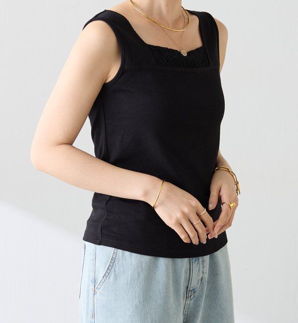  「【万能インナー】 シアー切り替えスクエアタンクトップ」|Tシャツ・カットソー|