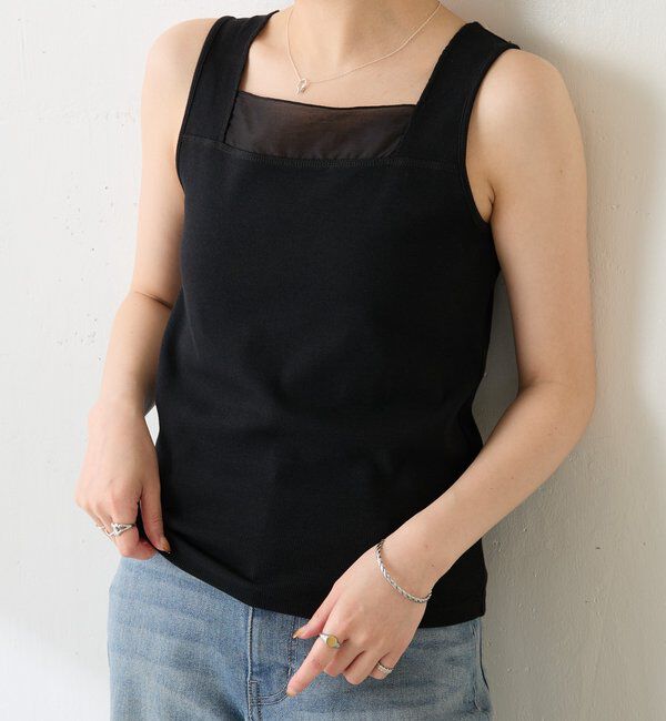  「【万能インナー】 シアー切り替えスクエアタンクトップ」|Tシャツ・カットソー|
