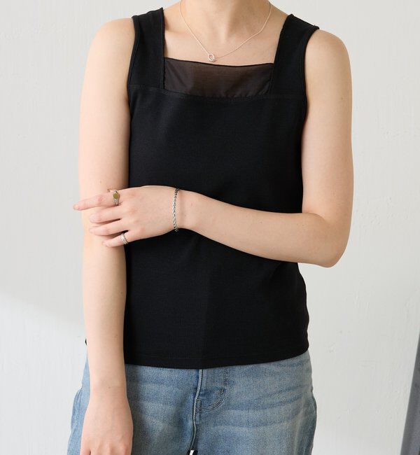  「【万能インナー】 シアー切り替えスクエアタンクトップ」|Tシャツ・カットソー|