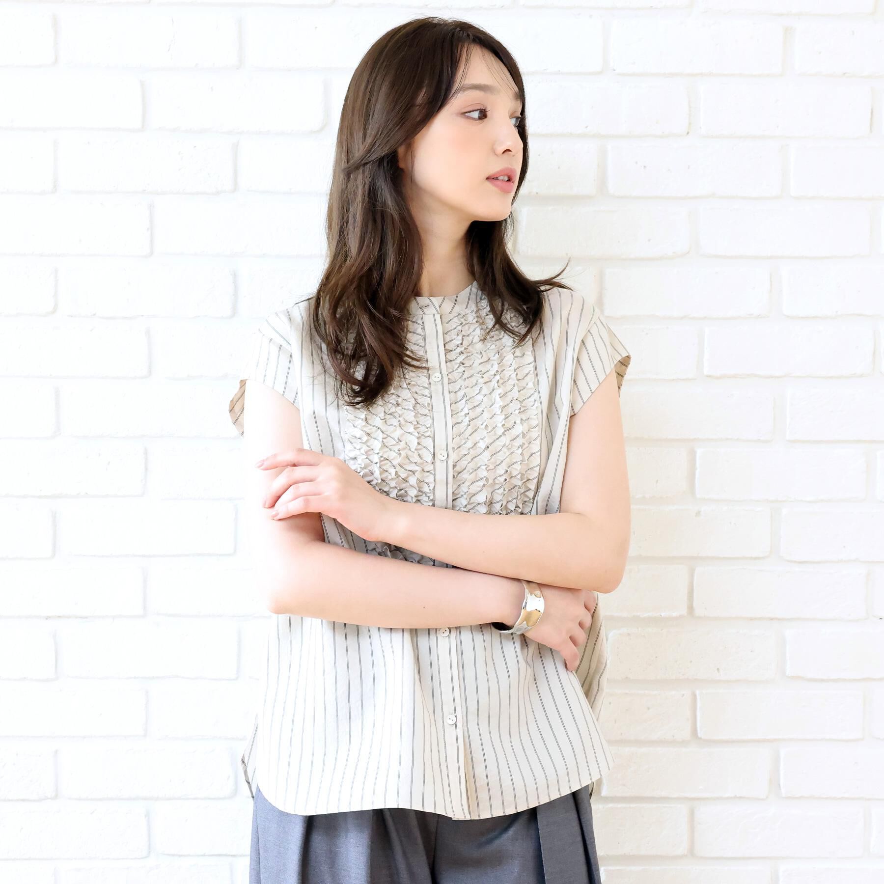 DRESSTERIOR「ストライプフレンチスリーブフリルブラウス」|シャツ・ブラウス|