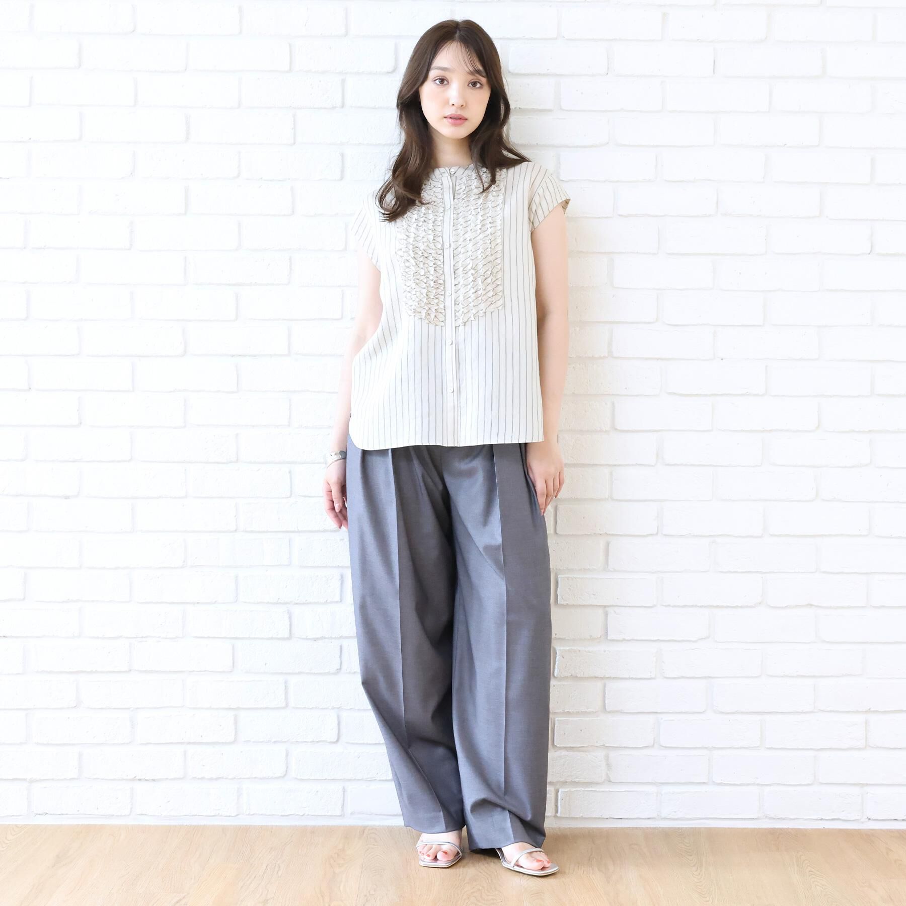 DRESSTERIOR「ストライプフレンチスリーブフリルブラウス」|シャツ・ブラウス|