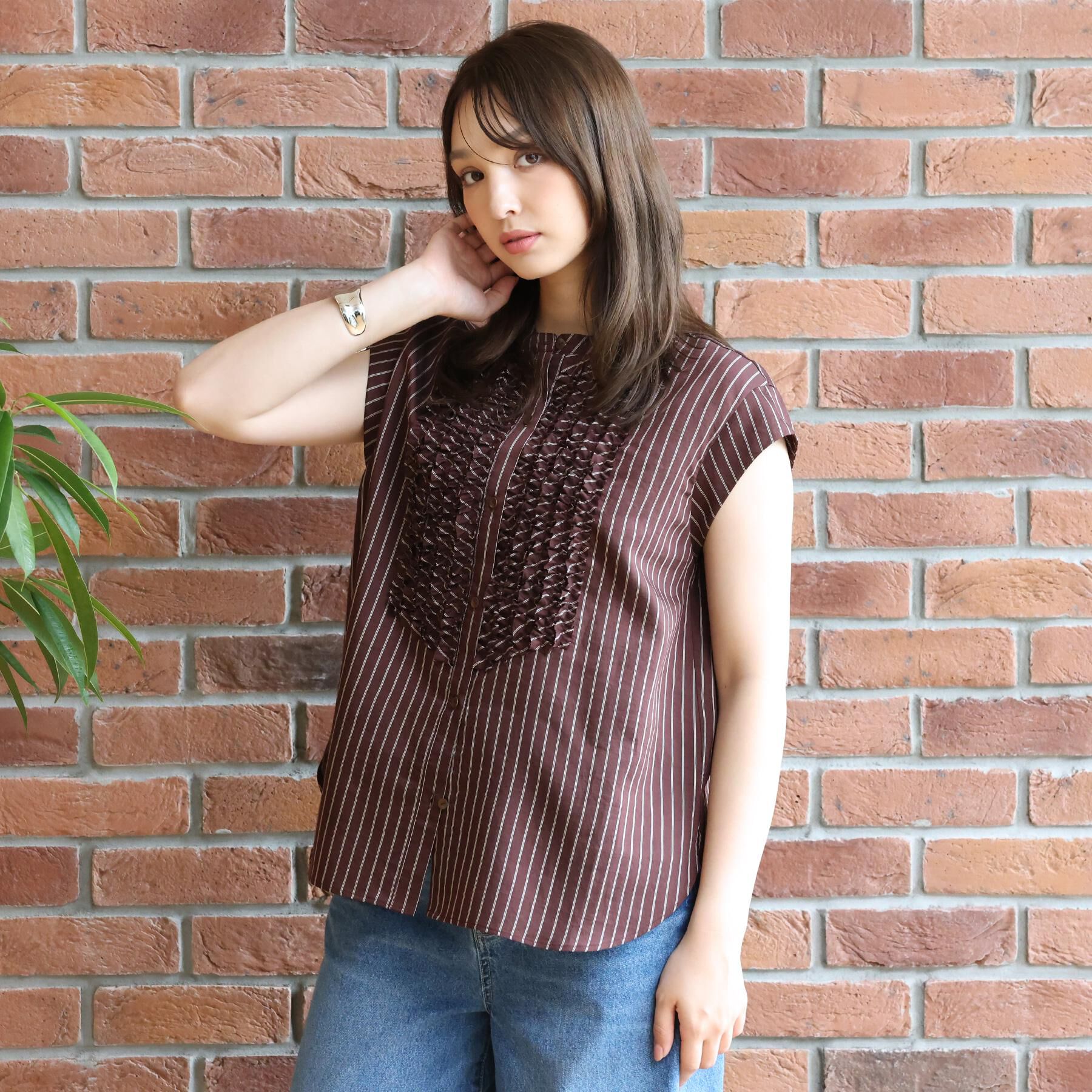 DRESSTERIOR「ストライプフレンチスリーブフリルブラウス」|シャツ・ブラウス|