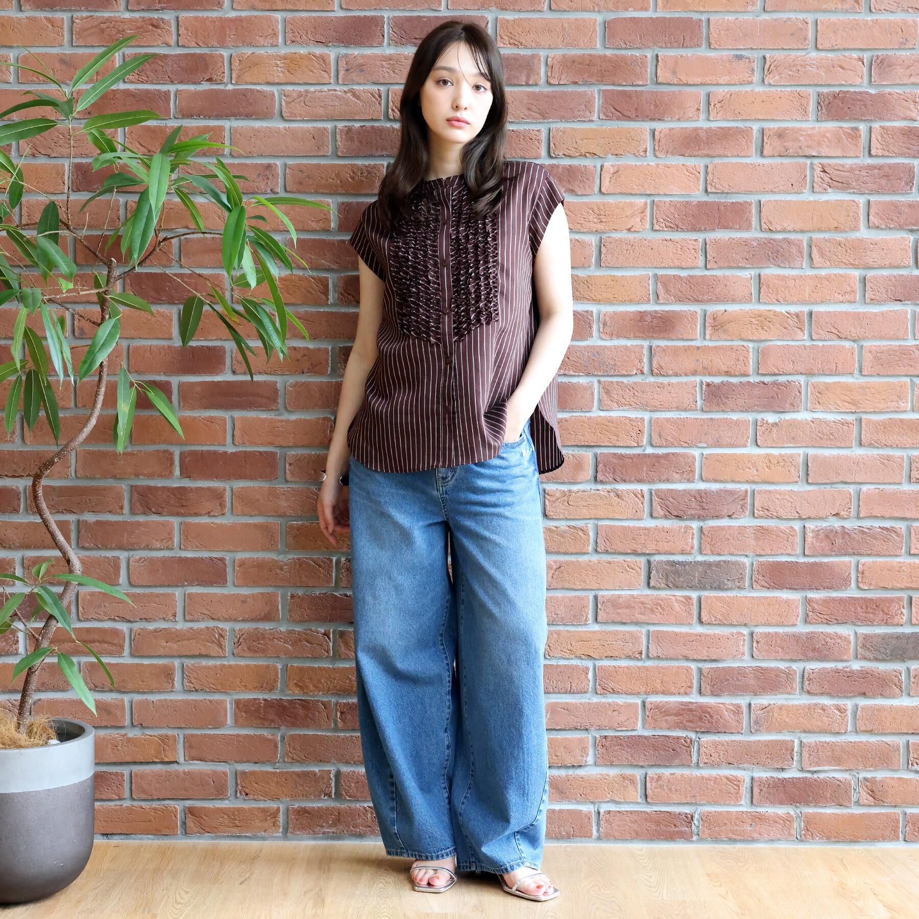 DRESSTERIOR「ストライプフレンチスリーブフリルブラウス」|シャツ・ブラウス|
