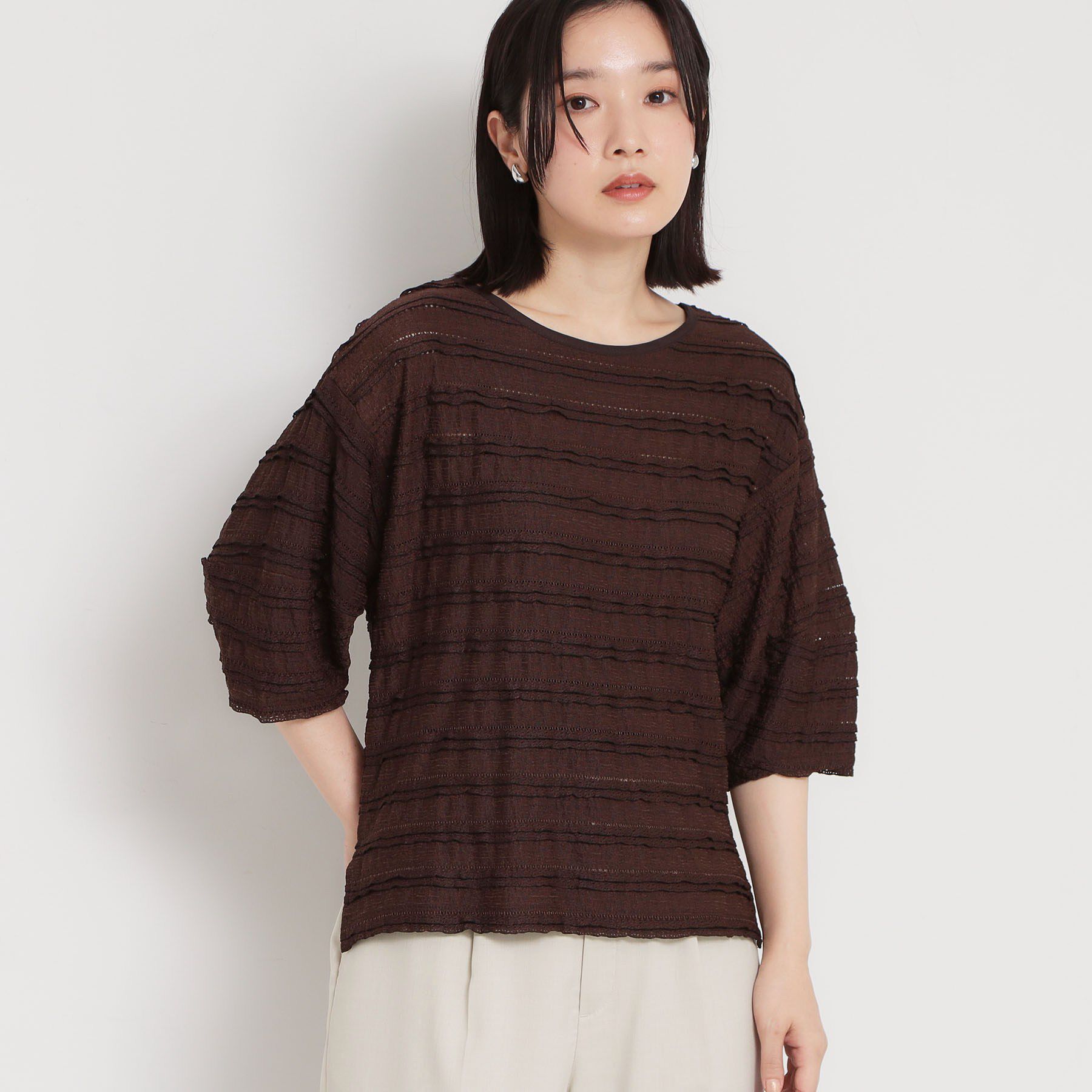 THE SHOP TK「【1枚で美人見え】 フリルレースボーダートップス」|Tシャツ・カットソー|ブラウン(943)