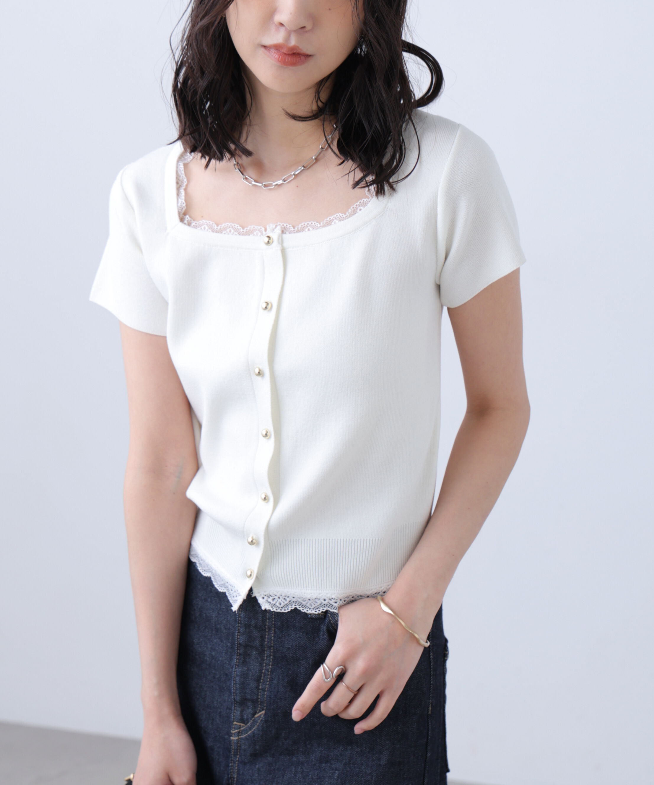  「〈MFM〉レーストリム半袖カーディガン」|ニット・セーター|