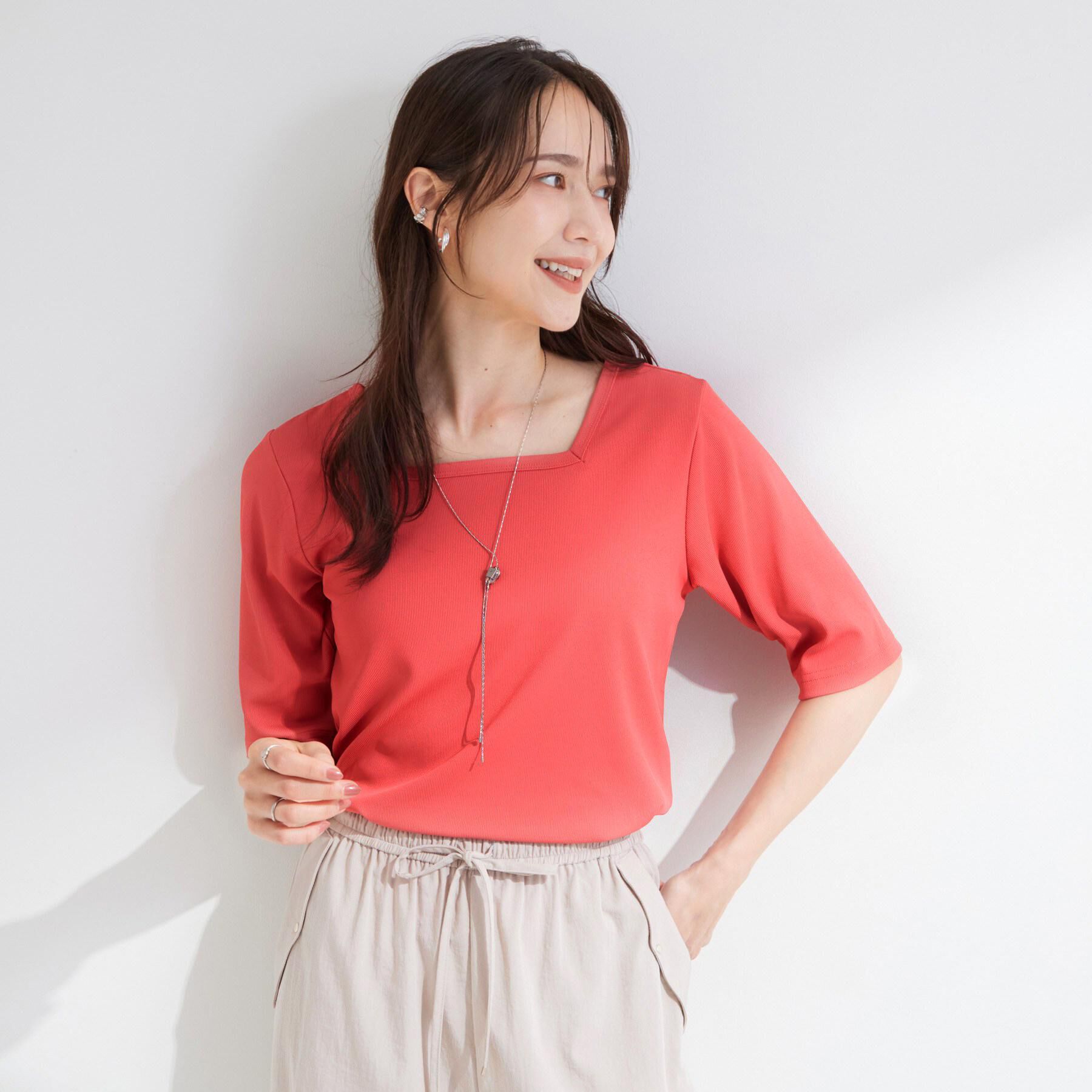 SHOO･LA･RUE「【ひんやり/前後2WAY/S-LL】着回しやすい 5分袖テレコトップス」|Tシャツ・カットソー|
