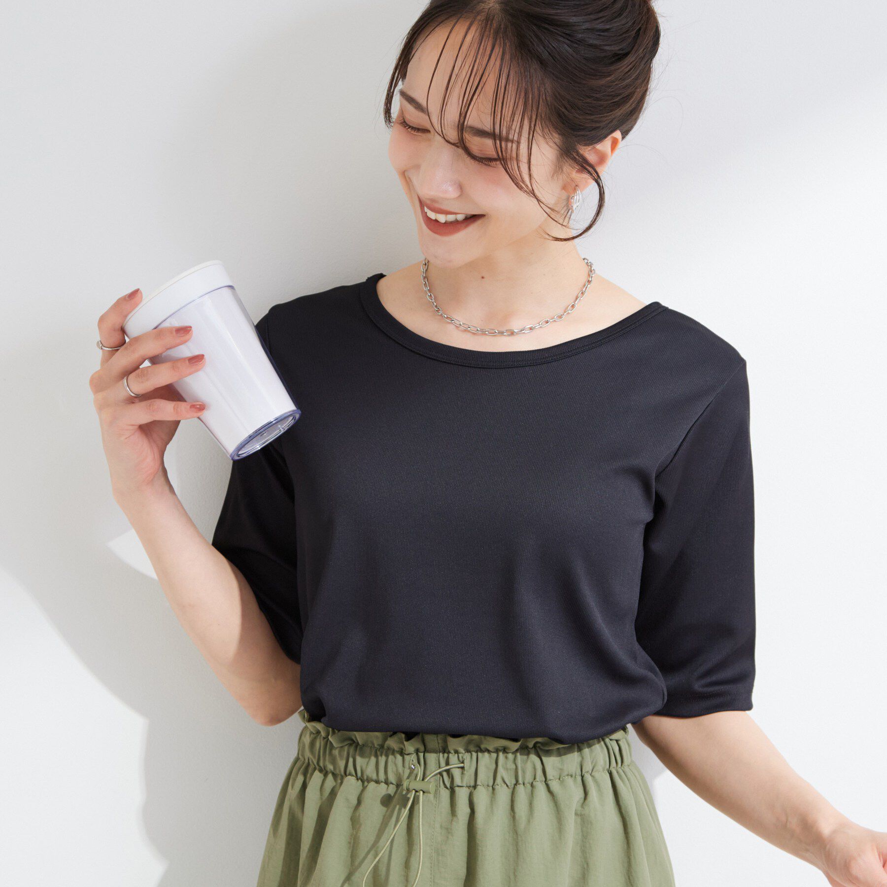 SHOO･LA･RUE「【ひんやり/前後2WAY/S-LL】着回しやすい 5分袖テレコトップス」|Tシャツ・カットソー|ブラック(019)