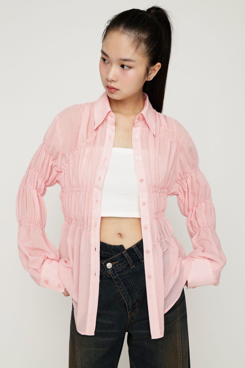 SLY「ASYMMETRY SHIRRING SHEER シャツ」|シャツ・ブラウス|L/PNK1
