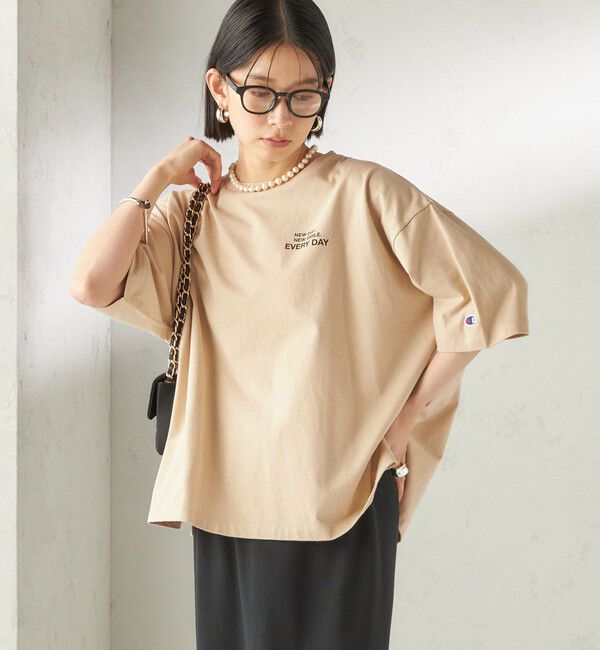 SHIPS for women「【一部WEB限定/ SHIPS別注】Champion: 5分袖 ロゴ プリント TEE」|Tシャツ・カットソー|